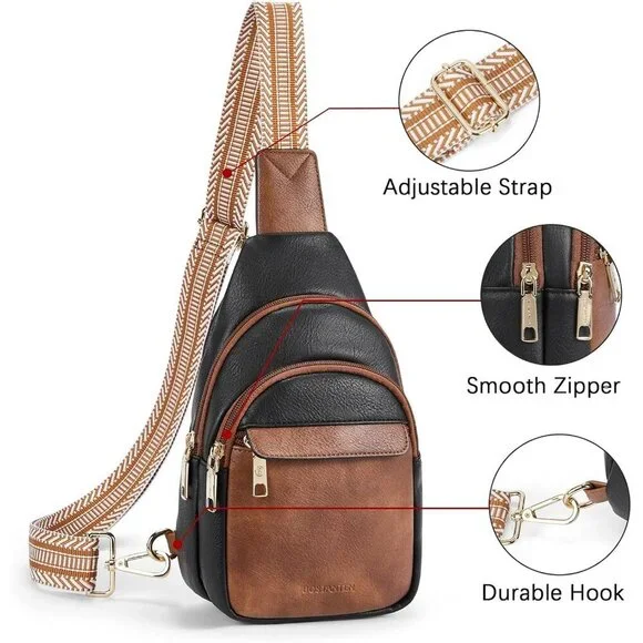 Women Black & Brown Imported PU Leather Small Crossbody Chest Sling Travel Bag - Picture 6 of 7